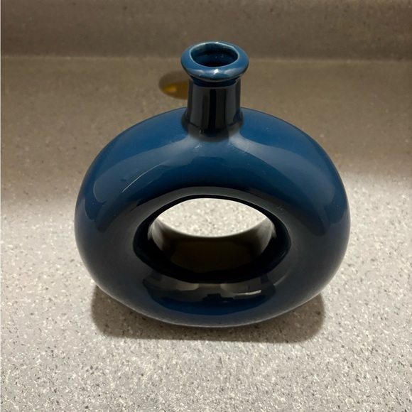 Modern Round Donut Hole Ceramic Vase – Navy Blue, 7” x 6” - Picture 2 of 4